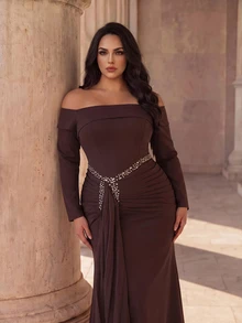 Coutiva Plus Size Elegant Luxury Rhinestone Pleated Off-Shoulder Evening Gown Dress - Coffee Brown - View 5