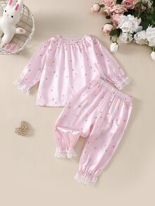 Infant Girl Ditsy Floral Print Pattern 3D Bow Ruffle Trim Cuffs Long Sleeve Pants Satin Set Loungewear - Pink - View 3