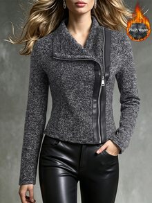 LUMIGAL Women Asymmetrical Zip Ribbed Knit JacketAutumn/Winter - Black - View 7