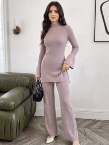 Veilorie Women's Solid Color Stand Collar Bell Sleeve Sweater And Knitted Long Pants Casual 2 Pieces Set - Pink - View 1