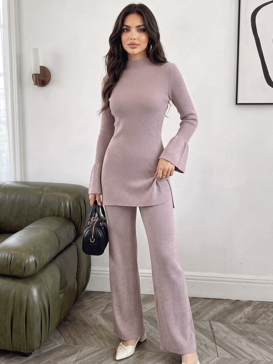 Veilorie Women's Solid Color Stand Collar Bell Sleeve Sweater And Knitted Long Pants Casual 2 Pieces Set - Pink - View 1