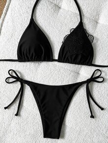 SHEIN Swim Women's Summer Beach Solid Color Halter Tie Sexy Bikini & Triangle Bottom Two-Piece Swimsuit Set - Black - View 4