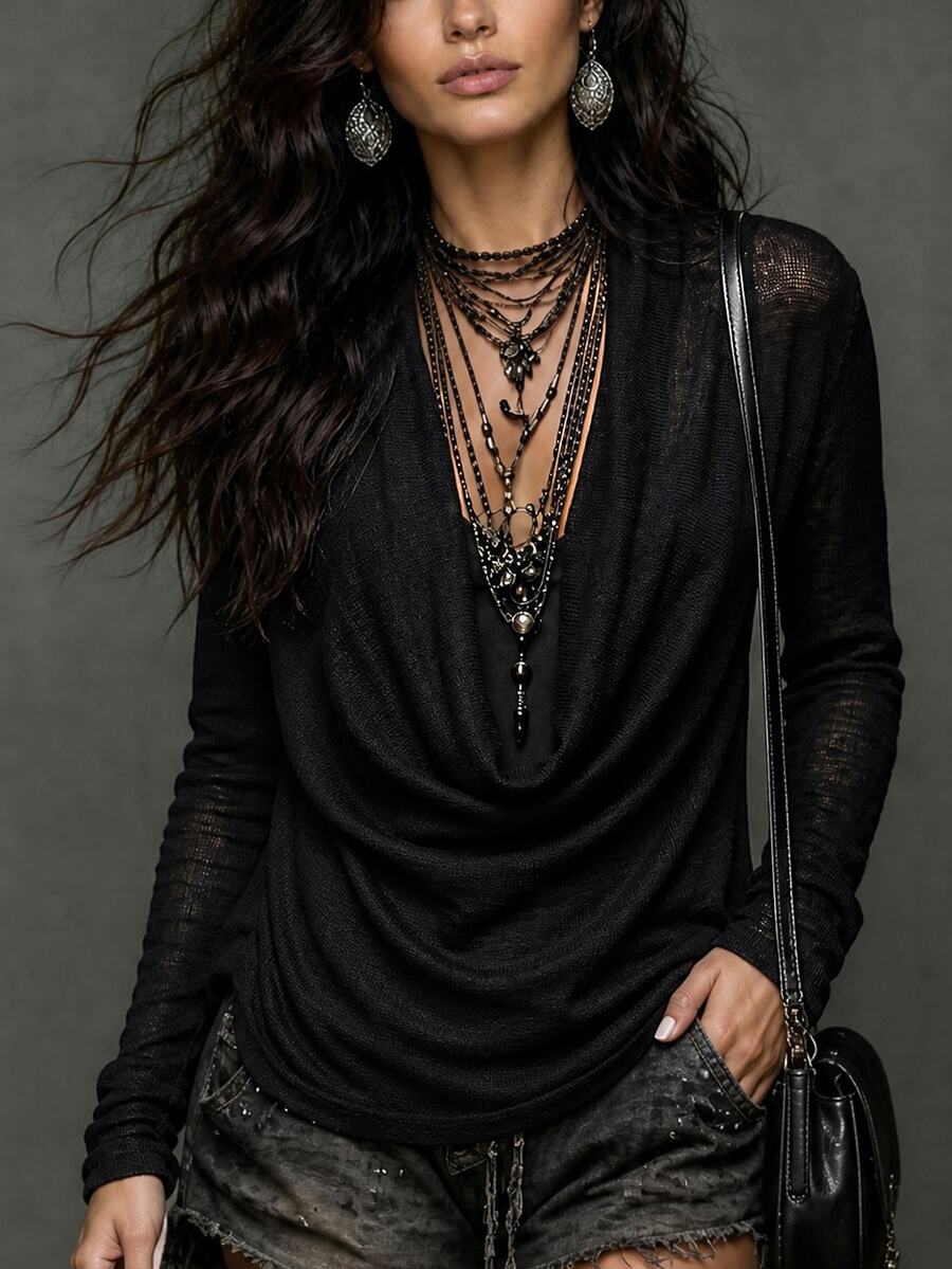 LUMIGAL Women's Black Knit Cowl Neck Top, Casual Commute Style For Spring & Autumn - Black - View 1