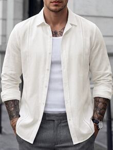 Manfinity CasualCool 男士簡約鈕扣式長袖襯衫，適合辦公與通勤 - 白色 - 查看 3