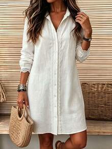 Breezaya Women's Fashion Casual Button Lace Patchwork Dress - White - View 5