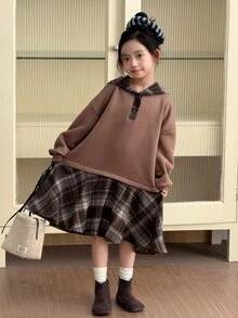 DAZY Tween Girl Patchwork Plaid Ruffle Hem Dropped Shoulder Long Sleeve Casual Hooded Dress - Camel - View 3
