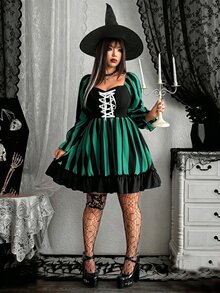 Whyspr 新款時尚哥德式暗黑風萬聖節 Cosplay 黑白條紋元素網格裝飾繫帶設計長袖泡泡袖迷你洋裝蝴蝶結 - 綠色 - 查看 4