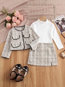 SHEIN Baby Girl Color Block Long Sleeve Jacket, Skirt And Solid Color Long Sleeve Top Set - Beige - View 3
