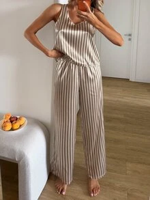 Livesso Women's Striped Top And Long Pants Casual Daily Home Sleepwear Set - Khaki - View 6