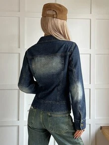 Strévra Jaket Denim Katun Wanita Warna Biru Musim Gugur dengan Kerah Lipat, Kancing, Lengan Panjang, Model Longgar, dan Dekorasi Saku. - Biru - View 2