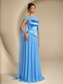 Coutiva Gaun Malam Formal Elegan Wanita dengan Hiasan Payet dan Ikat Pinggang - Biru - View 4