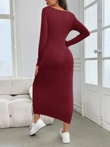 SHEIN 孕婦嬰兒派對女款洋裝 秋冬綠色長袖修身孕婦洋裝 - 酒紅色 - 查看 2