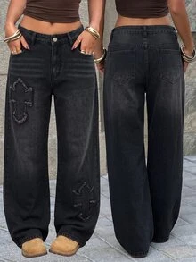 Muchica Women's Fashion Patchwork Embroidered Button Pocket Loose Fit Denim Jeans - Black - View 1