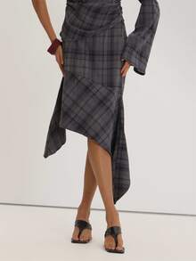 MUSEYN Grey Check Asymmetric Midi Skirt Versatile Everyday Casual Fall - Multicolor - View 2