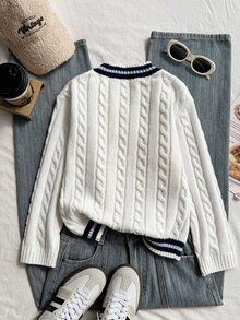 SHEIN Tween Girls Sweaters - Striped, Color-Blocked, Cable Knit, V-Neck, Lantern Sleeve, Wide-Leg Pullover Sweater For Girls, Perfect For Autumn And Winter, And Great For . - White - View 2