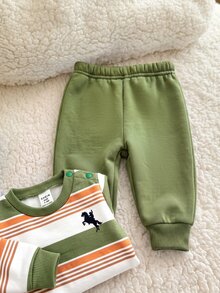 SHEIN 新生兒騎士條紋長袖運動衫與長褲休閒套裝 - 綠色 - 查看 9