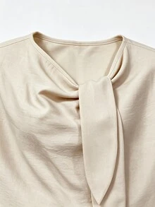 EMERY ROSE Women's Apricot Faux Linen Asymmetrical Knot Collar Straight Leg Formal Pants Old Money Style Two Pieces Set Spring Autumn Elegant Commute - Apricot - View 4