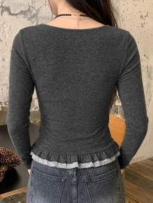 DAZY Women's Dark Gray Square Neck Bowknot Ruffle Trim Fitted Long Sleeve Sweet Short T-Shirt - Black - View 2