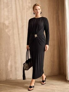 MOTF PREMIUM WOMEN'S PLUS SIZE ELASTIC KNIT STRUCTURED DESIGN LONG DRESS, AUTUMN/WINTER - Black - View 7