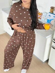 ZzzCrew Ribbed Heart Plus Size Women Pajama Set Casual Loungewear - Coffee Brown - View 6