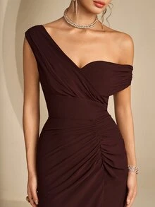 Coutiva Women's Solid Color Off-Shoulder Slit Design Elegant Waist-Cinching Formal Evening Gown Dress - Brown - View 5