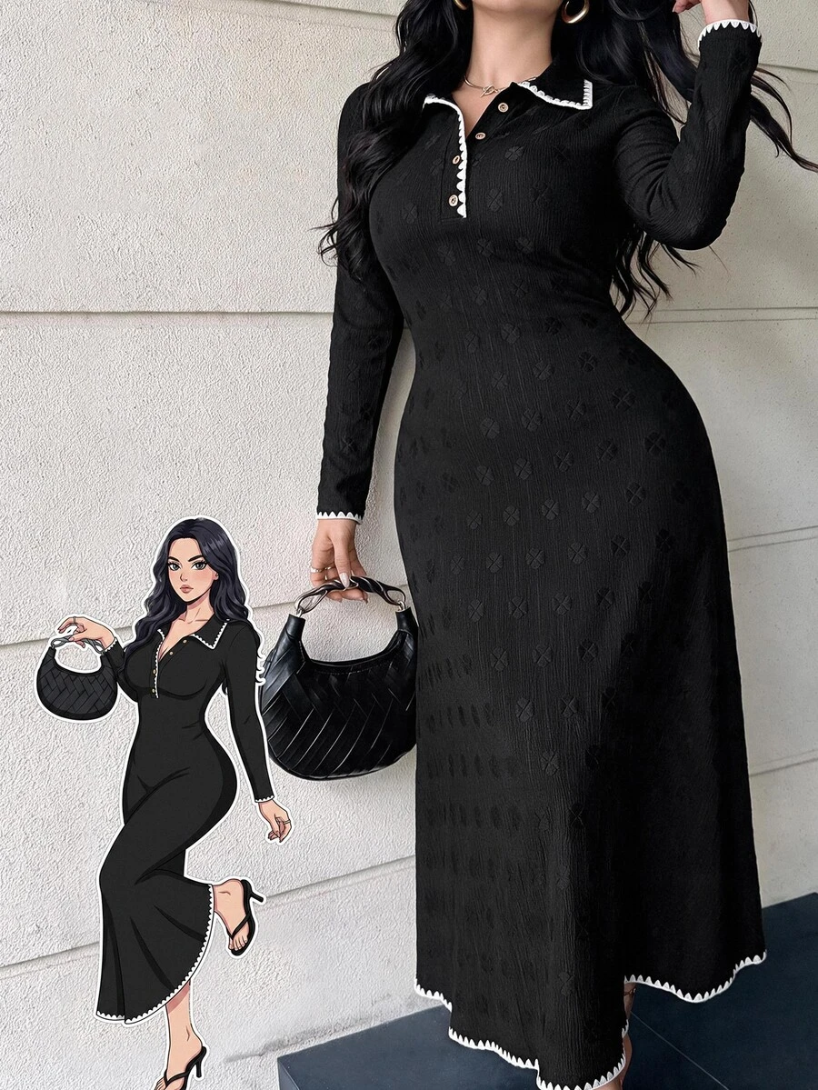 Feyla Plus Size Elegant Shell Embroidered Button Half-Placket Dress - Black - View 1