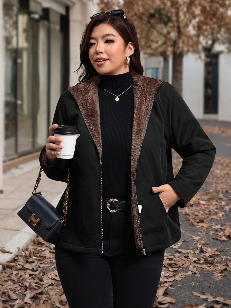 Chikora Plus Size Hooded Thermal Lined Denim Zipper Long Sleeve Jacket - Black - View 1