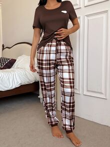 Dream Adore Casual Heart Print Short Sleeve Top & Plaid Print Long Pants Women Pajama Set - Coffee Brown - View 3