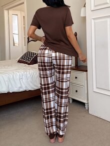 Dream Adore Casual Heart Print Short Sleeve Top & Plaid Print Long Pants Women Pajama Set - Coffee Brown - View 2