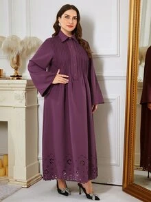 Al Najma Plus Size Women's Burnout Button Half-Placket Pleated Dress - Purple - View 6