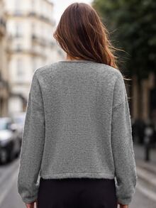 valorelle valorelle Women's V-Neck Chinese Style Front-Button Closure Frog Button Dropped Shoulder Lantern Long Sleeve Short Loose Minimalist Cardigan - Grey - View 2