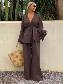 Dazy Tall Women's Lace Patchwork Vacation Style Casual 2 Pieces Set - Brown - View 6