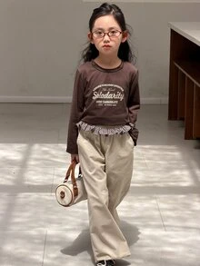 Dazy Kids 少女字母印花長袖T恤與拼接格紋荷葉邊長褲休閒套裝 - 卡其色 - 查看 1