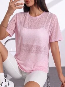 SHEIN Velisys 女款素色圓領短袖休閒健身運動T恤 - 彩色 - 查看 5