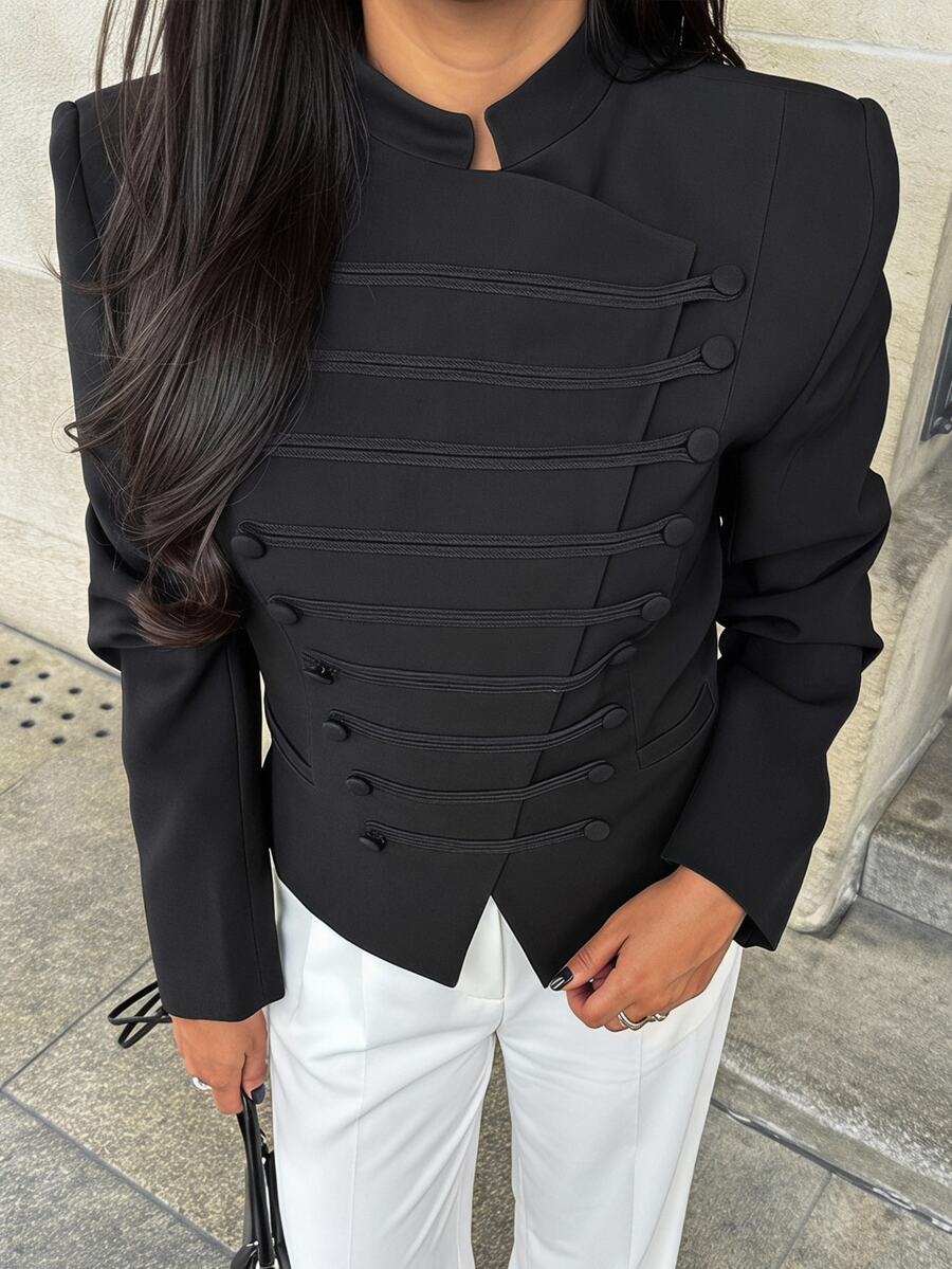 Briarwyn Fall Winter Women's Black Stand Collar Button Up Slim Fit Short Blazer With Irregular Hem, Vintage Military Style Chic Festival Outerwear Fall Clothes - Black - View 1