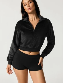 SHAPORA 2pcs Solid Half Zip Drop Shoulder Crop Lounge Sweatshirt - Multicolor - View 6