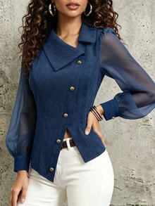 LUMIGAL Blus Kasual Wanita dengan Motif Jala dan Patchwork untuk Pemakaian Sehari-hari - Navy Blue - View 6