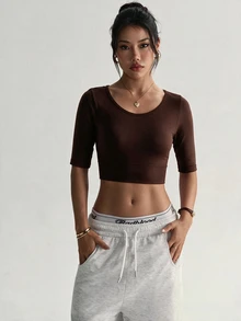 Slayform Women's Minimalist Cropped Sports T-Shirt For Yoga And Fitness - Brown - View 5