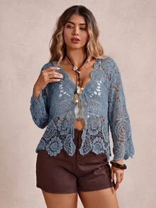 Freevana Plus Size Vacation Knit Hollow Out Cardigan - Dusty Blue - View 5