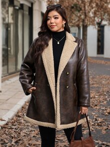 Reflora Plus Size Colorblock PU Material Patchwork Button Long Sleeve Jacket Hiking Holiday Brown Winter Casual Elegant - Brown - View 5