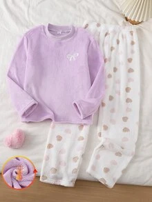 Genkimix Kids 女童大童睡衣套裝 秋冬日常休閒優雅居家服 長袖長褲 蝴蝶結刺繡圖案與滿版小愛心印花 刷毛套裝 - 淡紫色 - 查看 4
