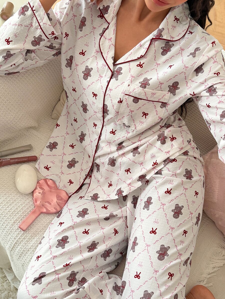 SweetSlumber Women's Christmas Gingerbread Man Bow Collar Long Sleeve Pants Pajama Set - Multicolor - View 1