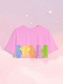SHEIN X Care Bears 女款卡通印花圓領短版T恤 - 白色 - 查看 4