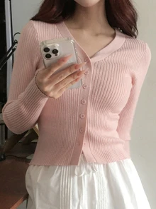 DAZY 女款素色修身短版長袖V領休閒度假韓風秋冬針織開襟外套 - 粉色 - 查看 4