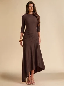 SHEIN BAE Fall Winter Chocolate Brown Ruched Asymmetric Hem Bodycon Elegant Midi Dress Thanksgiving Day Of The Dead Brunch Party Going Out - Brown - View 5