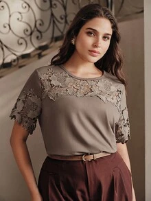 Anewsta Women's Short Sleeve T-Shirt With Hollow Lace Patchwork On Chest And Sleeves, Knit Fabric, Casual Commute Plus Size Tee - Brown - View 3