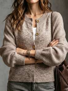 SHEIN كارديجان نسائي قصير محبوك بأسلوب فرنسي فضفاض للخريف/الشتاء، بياقة دائرية وثلاثة أزرار وأكمام طويلة منفوخة، كنزة صوفية طبقات مناسبة للتنقل اليومي والمواعدة والمناسبات الأخرى - كاكي - مشاهدة 5