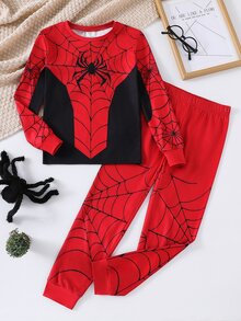 Boys Casual Comfortable Versatile Spider Print Pattern Slim Fit Pajama Set - Multicolor - View 1