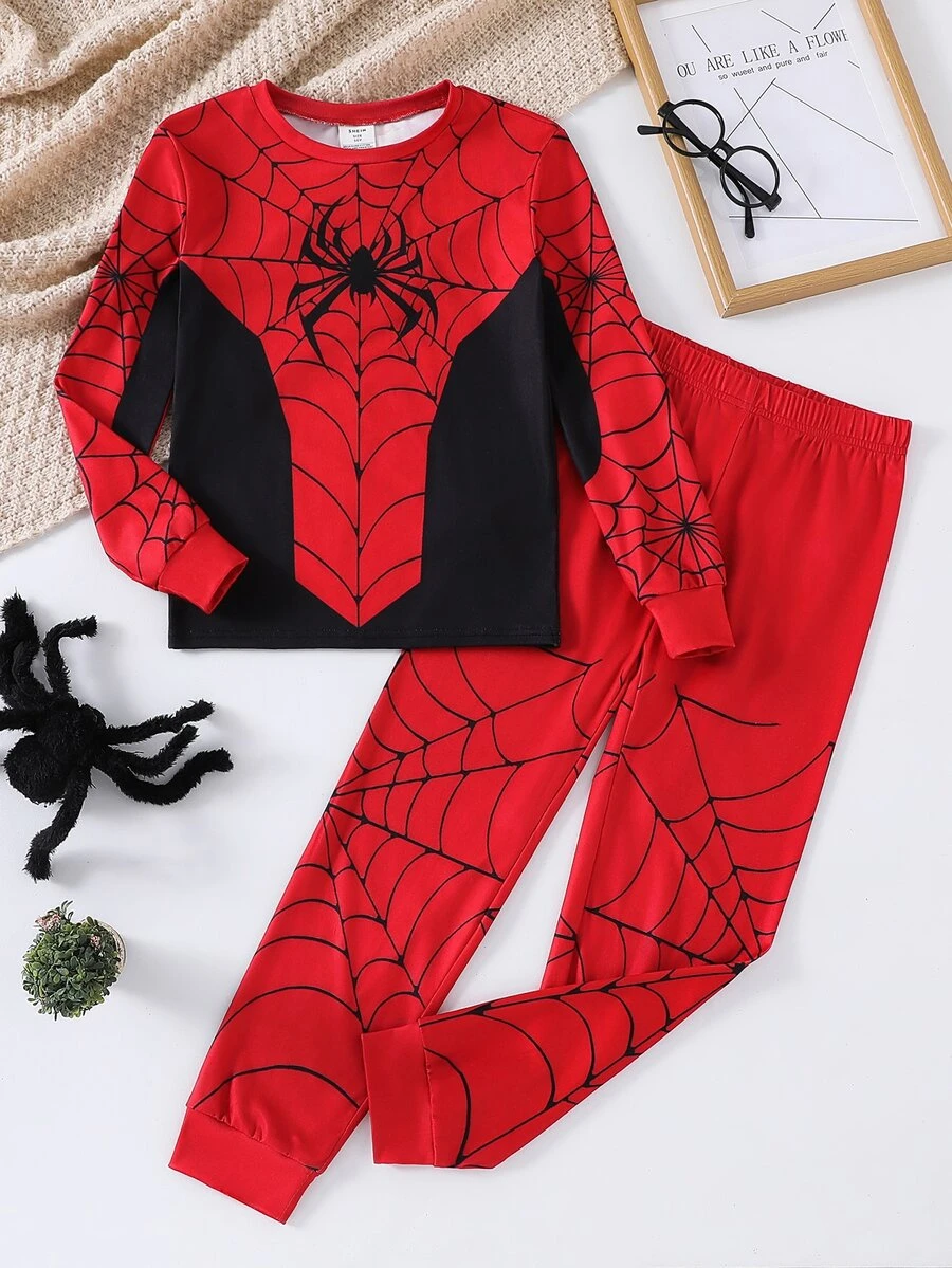 Boys Casual Comfortable Versatile Spider Print Pattern Slim Fit Pajama Set - Multicolor - View 1