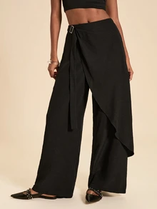 Travachic Women's Solid Color Side Waist Buckle Design Wide Leg Loose Long Pants - Black - View 2
